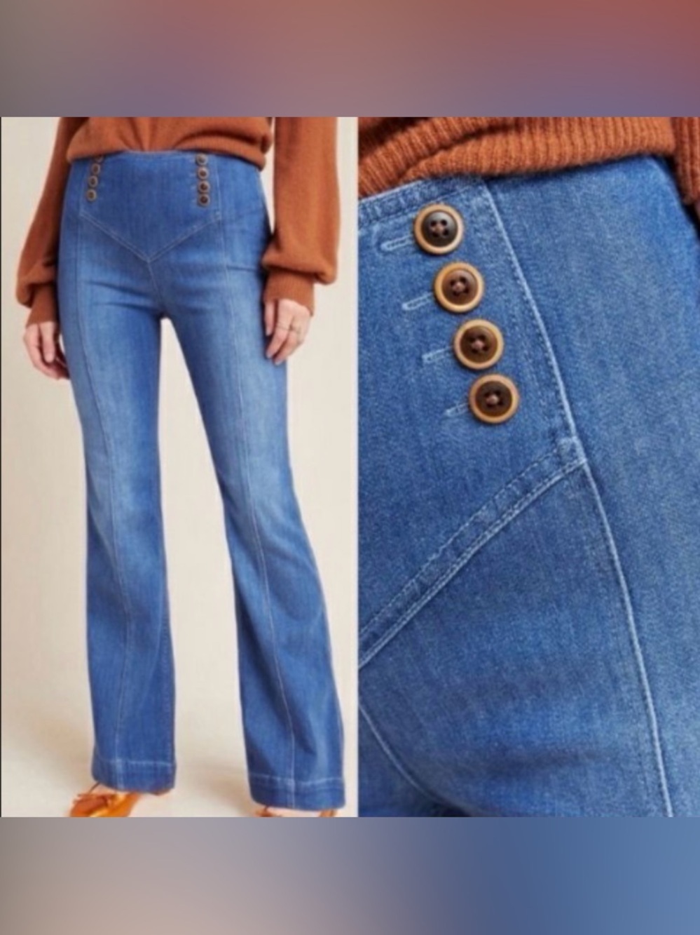 Pilcro Anthropologie High Rise Flare Jeans Button Front Sailor Wide Leg Size 27 - Picture 3 of 14